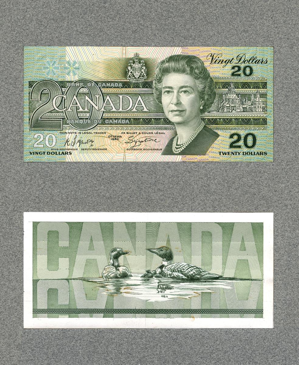 Bank note mock-up, the front with a curly-haired, older woman, Queen Elizabeth II, the back with two duck-like birds, loons.