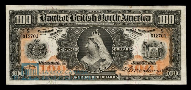 Canada, Bank of British North America, 100 dollars : July 3, 1911. 
