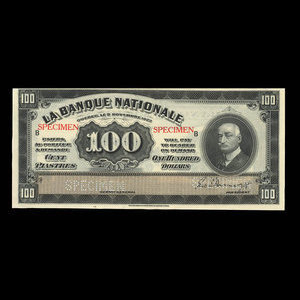 Canada, La Banque Nationale (National Bank), 100 dollars : November 2, 1922