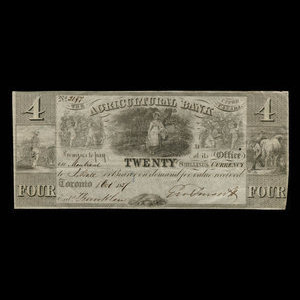 Canada, Agricultural Bank (Toronto), 4 dollars : October 1, 1837