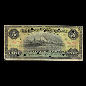 Canada, Bank of Vancouver, 5 dollars : May 2, 1910