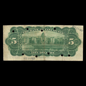Canada, Bank of Vancouver, 5 dollars : May 2, 1910
