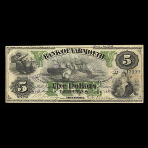 Canada, Bank of Yarmouth, 5 dollars : January 7, 1891