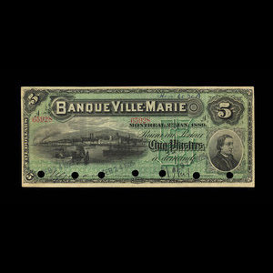 Canada, Banque Ville-Marie, 5 dollars : January 2, 1889