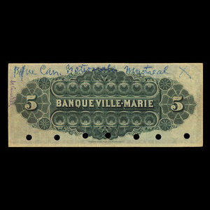 Canada, Banque Ville-Marie, 5 dollars : January 2, 1889