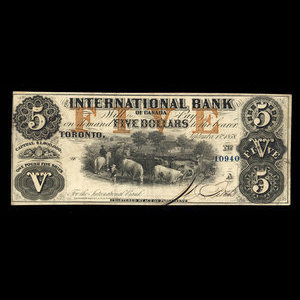 Canada, International Bank of Canada, 5 dollars : September 15, 1858
