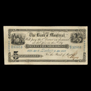 Canada, Bank of Montreal, 5 dollars : April 3, 1852