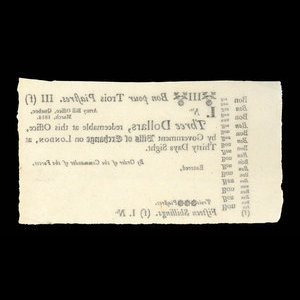 Canada, Army Bill Office, 3 dollars : March 1814
