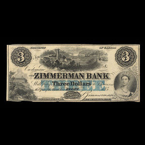 Canada, Zimmerman Bank, 3 dollars : December 1856