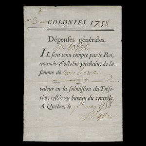 Canada, French Colonial Authorities, 3 livres : May 1, 1758