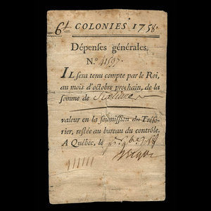 Canada, French Colonial Authorities, 6 livres : October 1, 1758