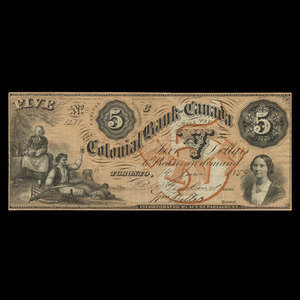 Canada, Colonial Bank of Canada, 5 dollars : June 14, 1859