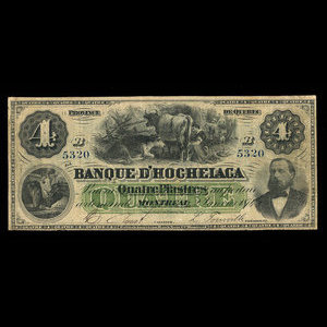 Canada, Banque d'Hochelaga, 4 piastres : January 2, 1874