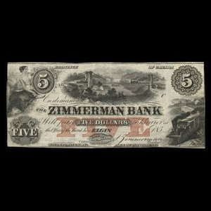 Canada, Zimmerman Bank, 5 dollars : December 1856