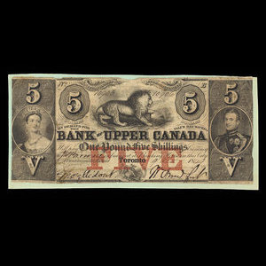 Canada, Bank of Upper Canada (York), 5 dollars : October 9, 1849