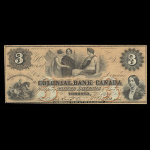 Canada, Colonial Bank of Canada, 3 dollars : May 4, 1859