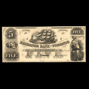 Canada, Exchange Bank of Toronto, 5 dollars : May 1, 1855