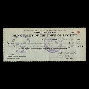Canada, Town of Raymond, 46 dollars : January 4, 1934