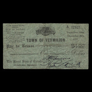 Canada, Town of Vermilion, 1 dollar : December 30, 1933