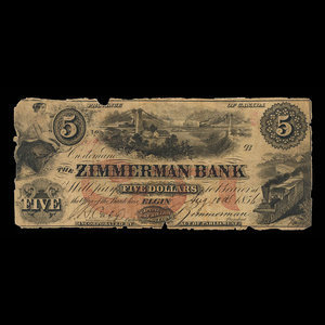 Canada, Zimmerman Bank, 5 dollars : August 10, 1856
