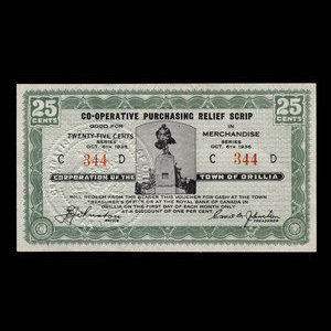 Canada, Town of Orillia, 25 cents : October 6, 1936