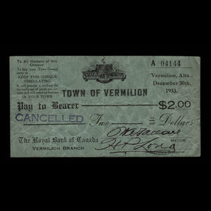 Canada, Town of Vermilion, 2 dollars : December 30, 1933