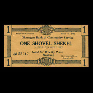 Canada, Okanagan Bank of Community Service, 1 shovel shekel : 1936