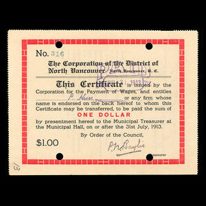 Canada, Corporation of the District of North Vancouver, 1 dollar : July 31, 1913
