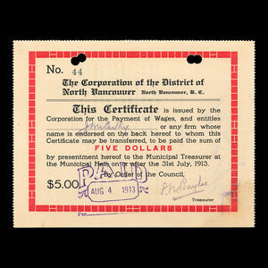 Canada, Corporation of the District of North Vancouver, 5 dollars : July 31, 1913