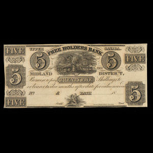 Canada, Free Holders Bank of the Midland District, 5 dollars : 1838