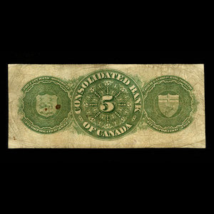 Canada, Consolidated Bank of Canada, 5 dollars : July 1, 1876