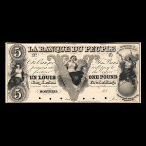 Canada, Banque du Peuple (People's Bank), 5 dollars : 1849