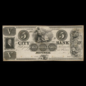 Canada, City Bank (Montreal), 5 dollars : 1850