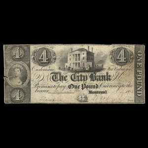 Canada, City Bank (Montreal), 4 dollars : February 1, 1853