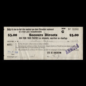 Canada, Cité de Chicoutimi, 3 dollars : June 21, 1933