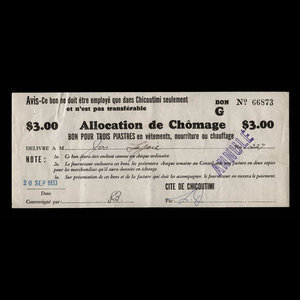 Canada, Cité de Chicoutimi, 3 dollars : September 20, 1933