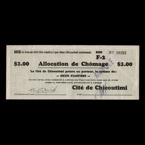 Canada, Cité de Chicoutimi, 2 dollars : February 16, 1935