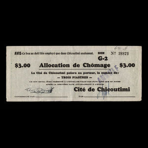 Canada, Cité de Chicoutimi, 3 dollars : February 10, 1935
