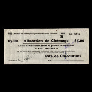 Canada, Cité de Chicoutimi, 5 dollars : December 20, 1934