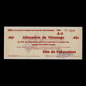 Canada, Cité de Chicoutimi, 5 cents : 1936