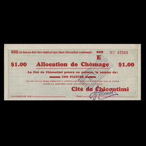 Canada, Cité de Chicoutimi, 1 dollar : 1936