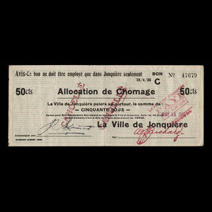 Canada, Ville de Jonquière, 50 cents : April 28, 1936
