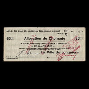Canada, Ville de Jonquière, 50 cents : April 28, 1936