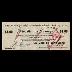 Canada, Ville de Jonquière, 1 dollar : July 4, 1936