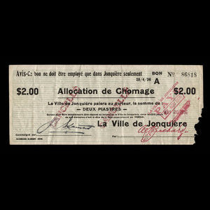Canada, Ville de Jonquière, 2 dollars : April 28, 1936