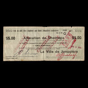 Canada, Ville de Jonquière, 5 dollars : March 28, 1936