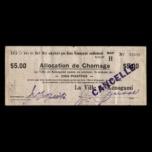 Canada, Ville de Kénogami, 5 dollars : February 9, 1937