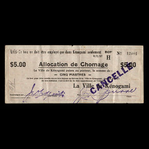 Canada, Ville de Kénogami, 5 dollars : February 9, 1937