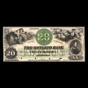 Canada, Ontario Bank, 20 dollars : August 3, 1860