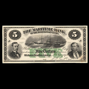 Canada, Maritime Bank of the Dominion of Canada, 5 dollars : January 2, 1873